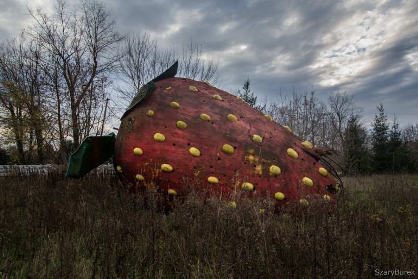 Gigantyczna, opuszczona truskawka pod Warszawą. Surrealistyczny obiekt przyprawia o gęsią skórkę. Czegoś tak dziwnego nie widzieliście!