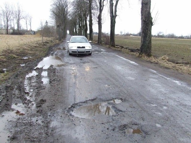 Droga powiatowa Dąbrowa - Wiekowice. Od kilku tygodni jeżdżą nią ciężkie pojazdy firmy budującej farmę wiatrową w gminie Darłowo. 