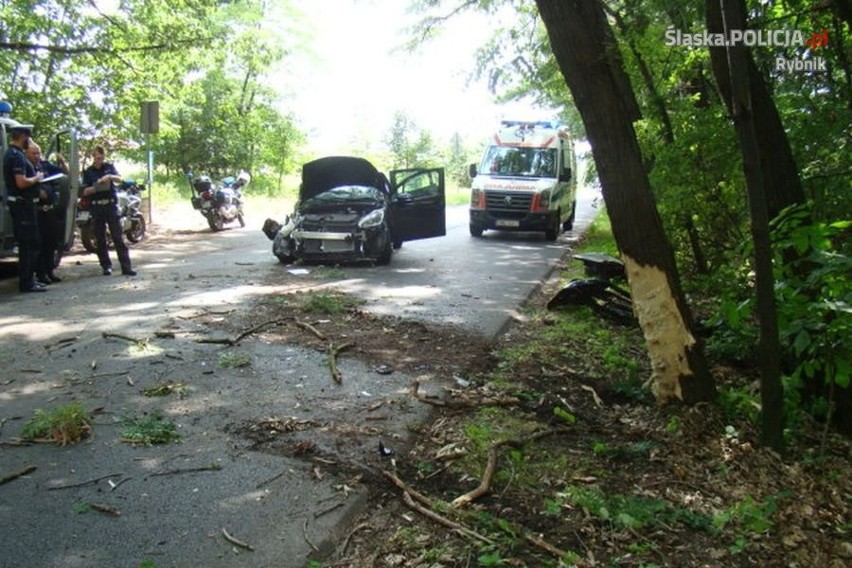Wypadek w Rybniku na Krzywoustego. Peugeot uderzył w drzewo