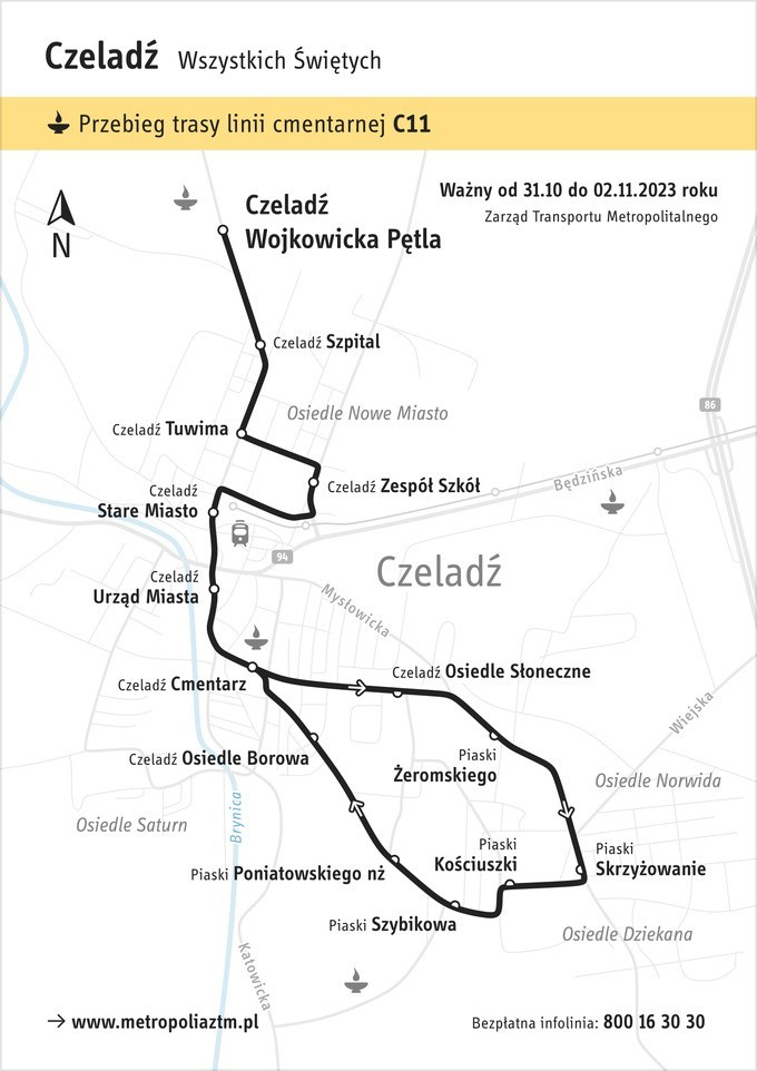 Przebieg linii C11 w Czeladzi.