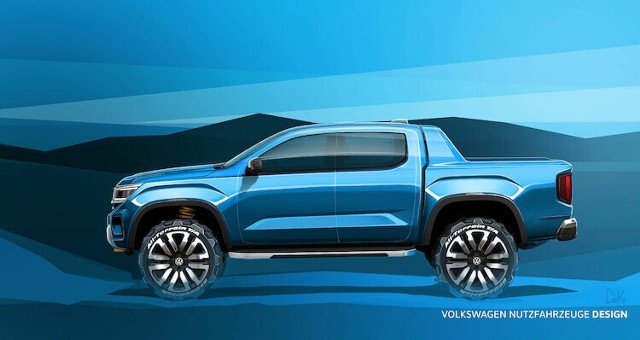 Volkswagen Amarok Nowy Amarok, z bogatym pakietem zupełnie nowych funkcji, na światowych rynkach zadebiutuje jeszcze w tym roku. Na jego pokładzie znajdziemy wiele będących nowością w tym segmencie systemów wspomagających kierowcę. Producent właśnie pokazał szkic nowości. Fot. Volkswagen