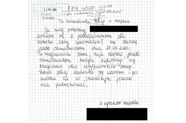 57-letni mieszkaniec powiatu mogileńskiego został zatrzymany za kierowanie w stanie nietrzeźwości. Mężczyzna przysłał list do Komendy Powiatowej Policji w Mogilnie, w którym dziękuje za uniemożliwienie mu dalszej jazdy samochodem, co mogło zakończyć się tragicznie dla innych użytkowników drogi. Mężczyzna podziękował także patrolowi za sposób przeprowadzenia kontroli, podkreślając, że policjanci zachowali się wzorowo i po ludzku.