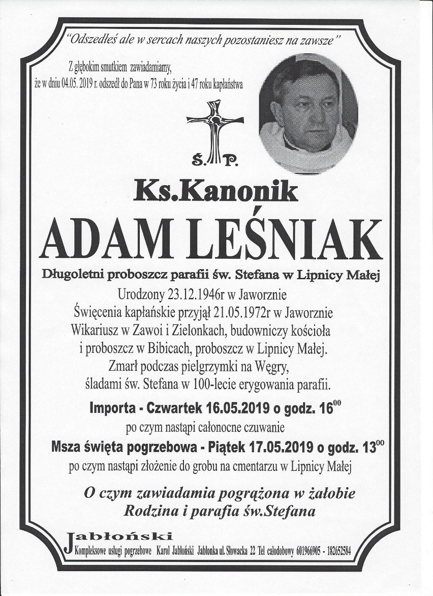 Bibice, Lipnica Mała. Dzisiaj pogrzeb zasłużonego proboszcza ks. Adama Leśniaka. Zmarł podczas pielgrzymki na Węgry [ZDJĘCIA]