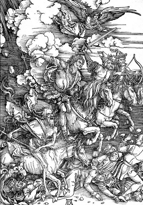 Albrecht Dürer, drzeworyt, „Czterej jeźdźcy apokalipsy”, 1498.