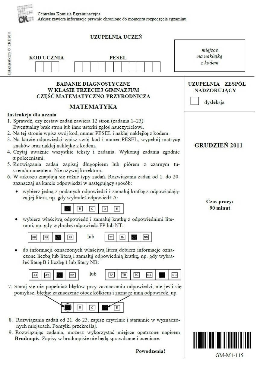 Próbny egzamin gimnazjalny 2012 [ARKUSZ, ODPOWIEDZI]. Test z matematyki