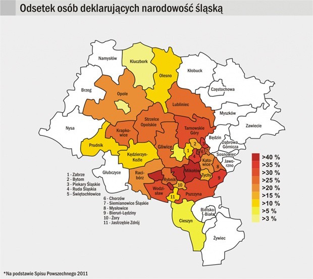 Mapa odsetek osób deklarujących narodowość śląską