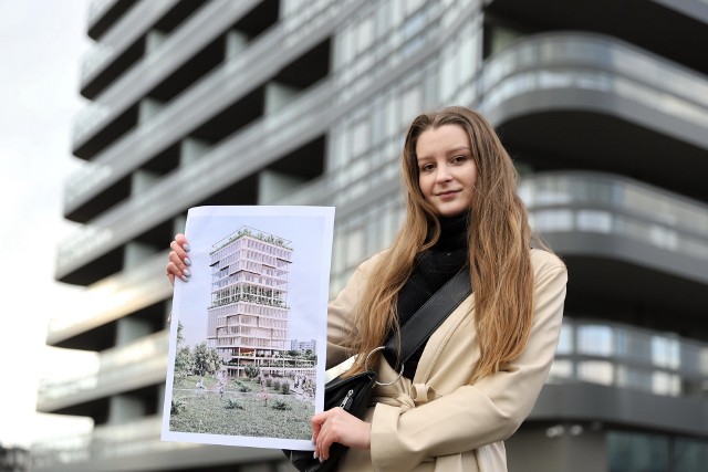 Kielczanka Aleksandra Hajdenrajch, absolwentka Wydziału Budownictwa i Architektury na Politechnice Świętokrzyskiej została doceniona w ogólnopolskim konkursie zdobyła drugiej miejsce za projekt ekologicznego wieżowca zbudowanego z drewna. Prezentuje go na zdjęciu.