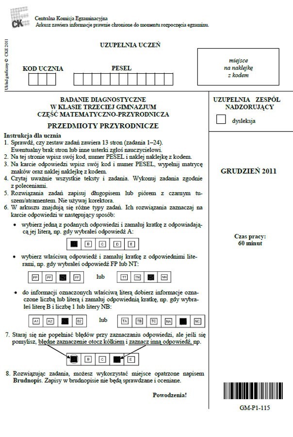 Próbny egzamin gimnazjalny 2012. Test przyrodniczy [chemia, fizyka, geografia, biologia] test, arkusz