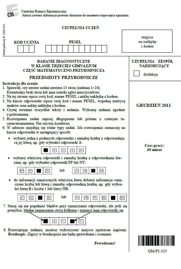 Próbny egzamin gimnazjalny 2012. Test przyrodniczy: Biologia, chemia,  fizyka i geografia [PYTANIA, ARKUSZE] | Głos Koszaliński