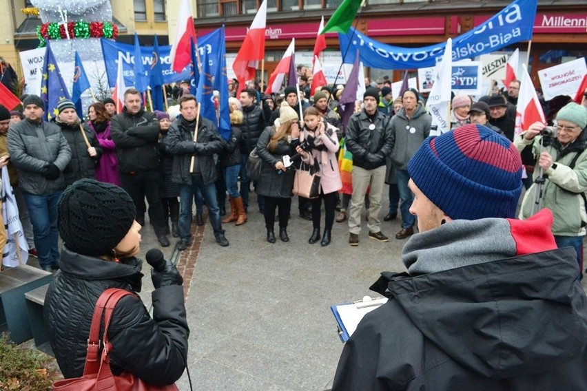 Strajk obywatelski w Bielsku-Białej obok pomnika Reksia
