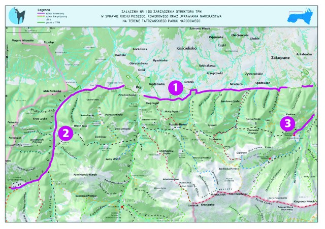 Na mapie zaznaczone trasy po Drodze pod Reglami, na Kalatówki i do Doliny Chochołowskiej