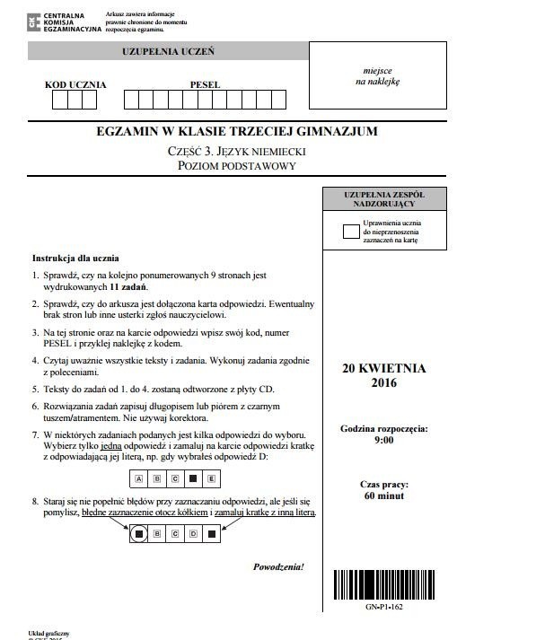 EGZAMIN GIMNAZJALNY NIEMIECKI podstawowy 2016 ODPOWIEDZI,...