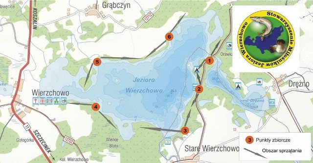 Mapka z zaznaczonymi miejscami zbiórki sprzątających nad jeziorem Wierzchowo.