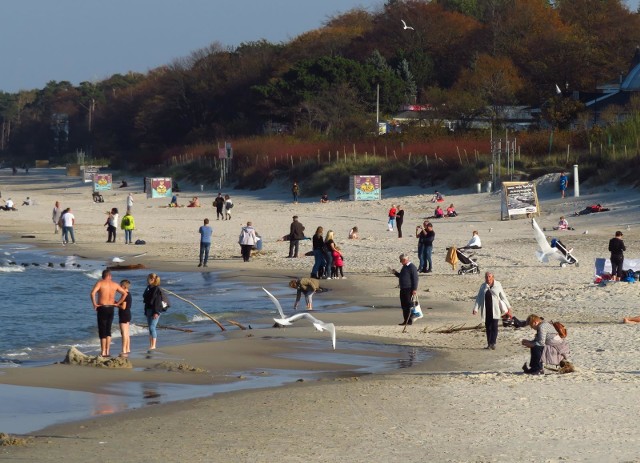 Słoneczna, wtorkowa pogoda sprzyjała spacerom po plaży w Ustce.