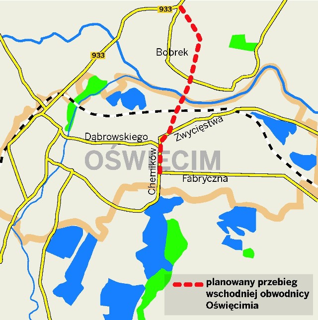 Planowana obwodnica Oświęcimia będzie liczyć 5 km. Na trasie powstaną trzy ronda, wiadukt nad linią kolejową i most na Wiśle