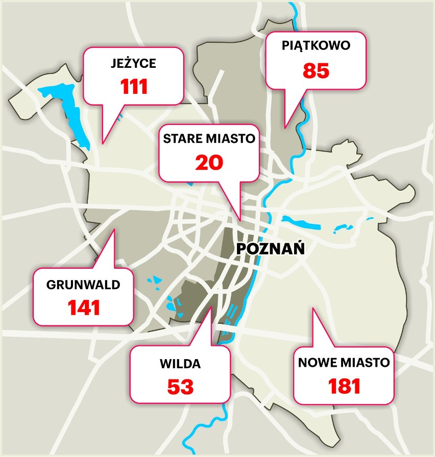 Mapa kradzieży samochodów w Poznaniu w 2015 r.
