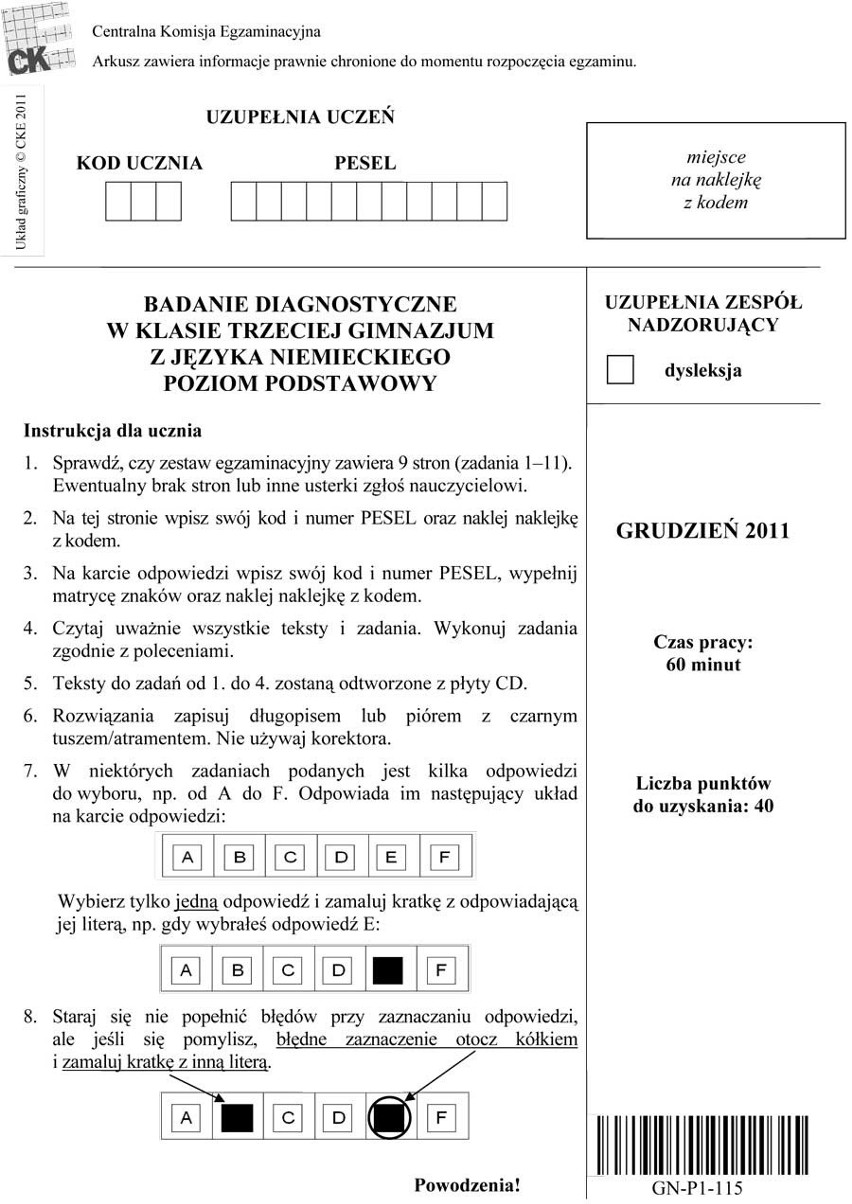 Próbny egzamin gimnazjalny 2012: język niemiecki - test