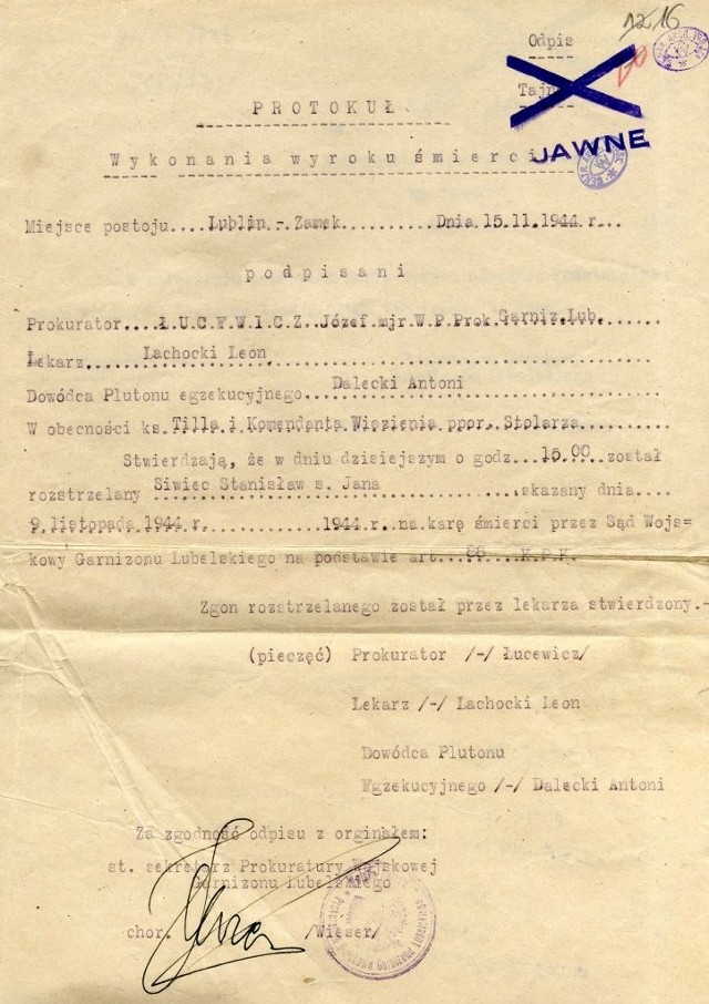 Fragment protokołu wykonania wyroku śmierci. Stanisław Siwiec ps. „Edmund”, żołnierz podziemia antykomunistycznego został zamordowany w 1944 r. na Zamku Lubelskim 