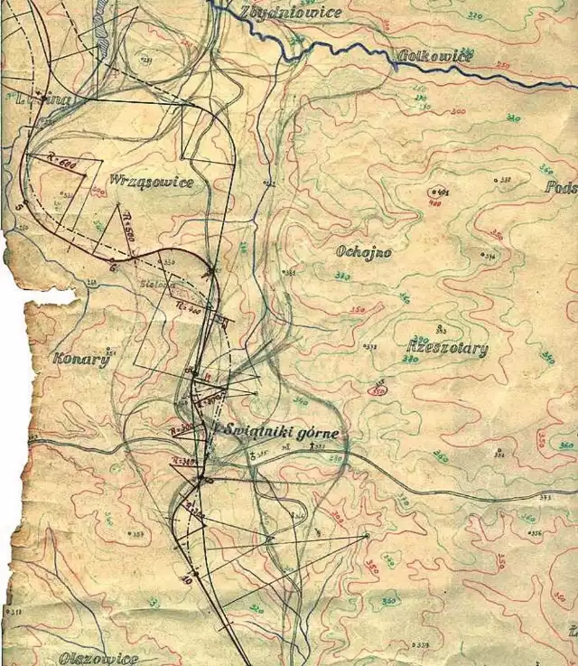 Mapa z 1911 r. z przebiegiem linii kolejowej przez Świątniki Górne