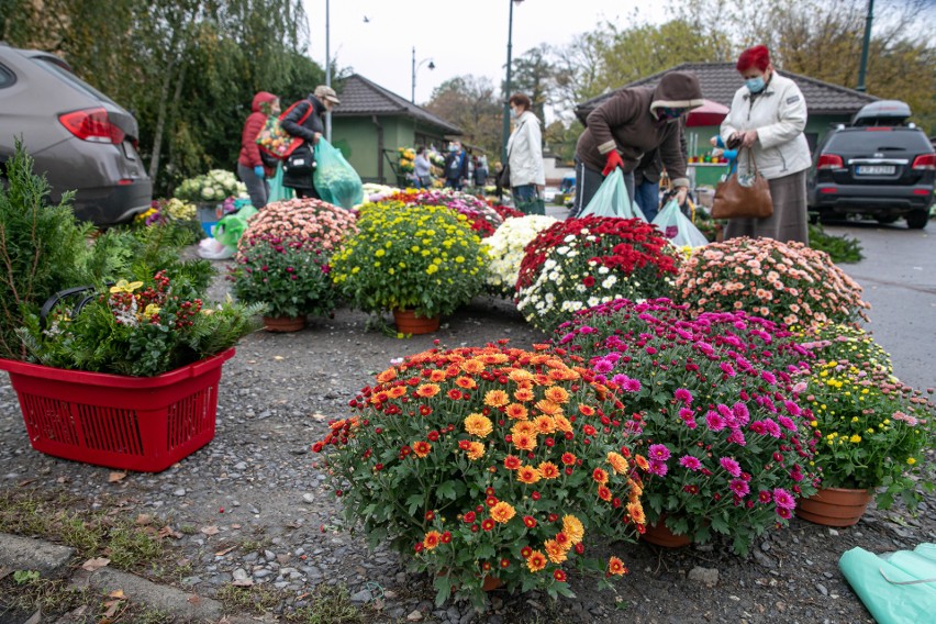 Kraków. Przy cmentarzach kwitnie handel. Chryzantemy, sztuczne kwiaty, kolorowe znicze [ZDJĘCIA]