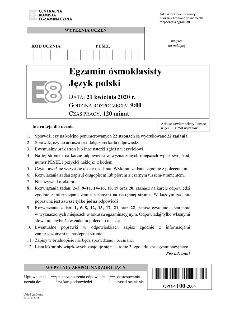 Egzamin ósmoklasisty 2020. Wtorek z językiem polskim. Harmonogram egzaminów, zasady sanitarne, arkusze CKE i odpowiedzi. Sprawdź