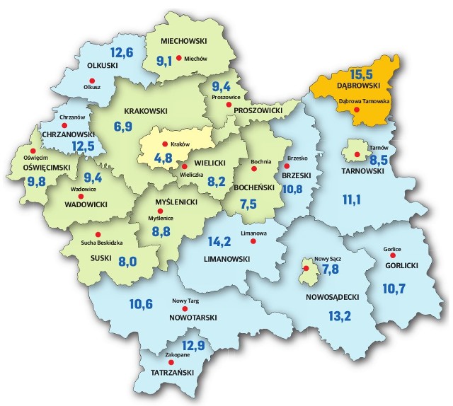 Stopa bezrobocia w poszczególnych powiatach województwa małopolskiego