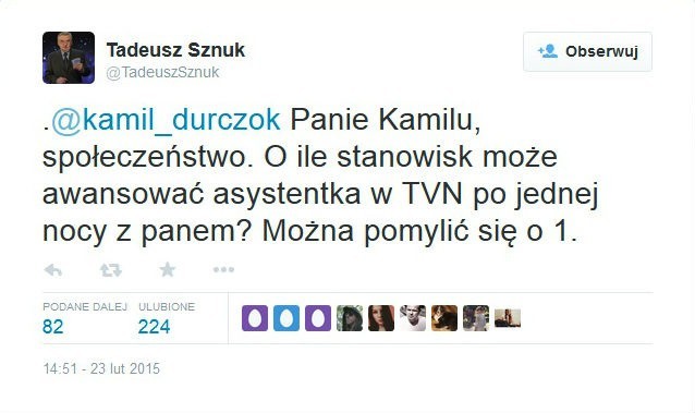 Tadeusz Sznuk na Twitterze. Prowadzący "Jeden z dziesięciu"...