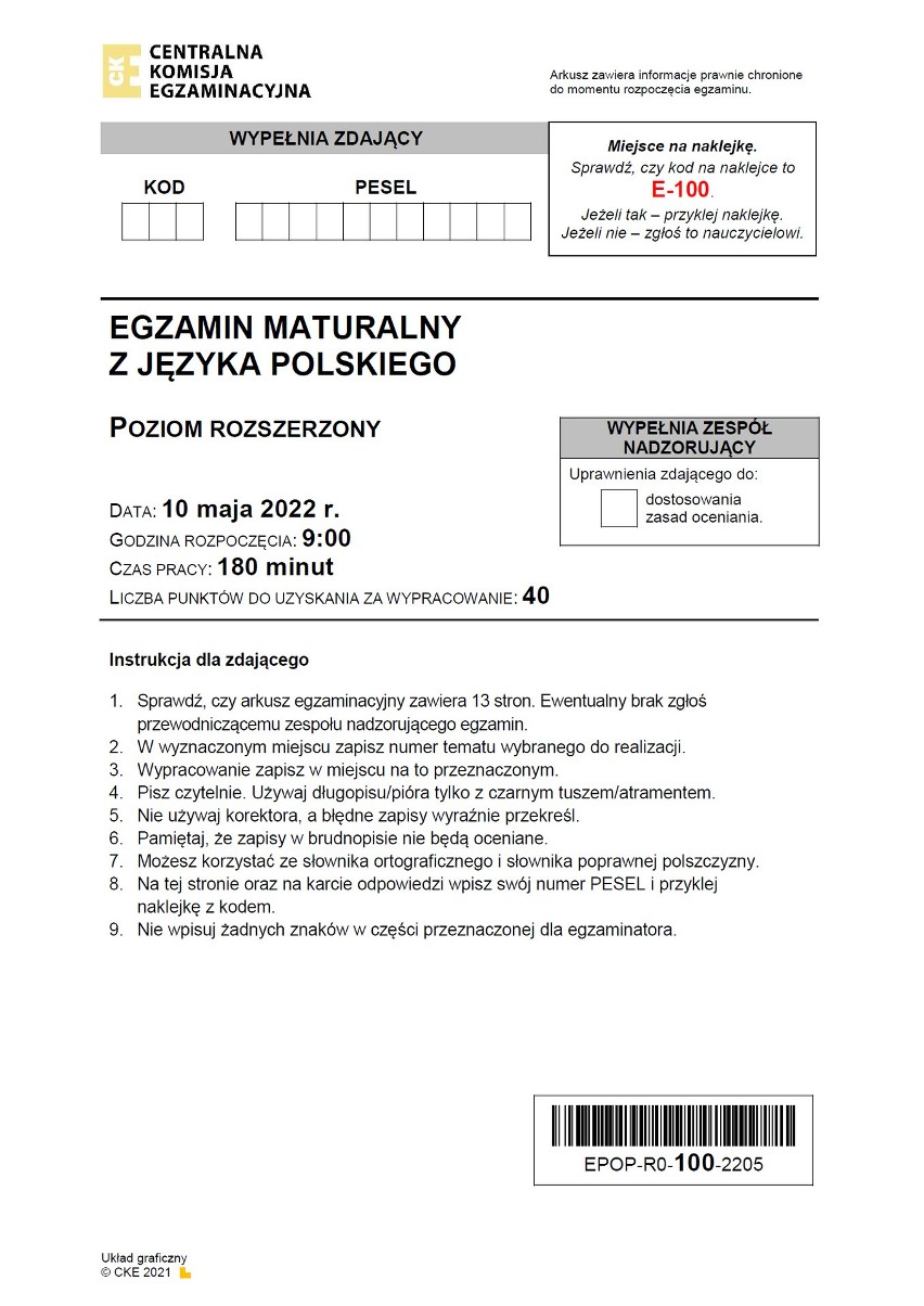 Arkusz maturalny 2022 z języka polskiego poziom rozszerzony.