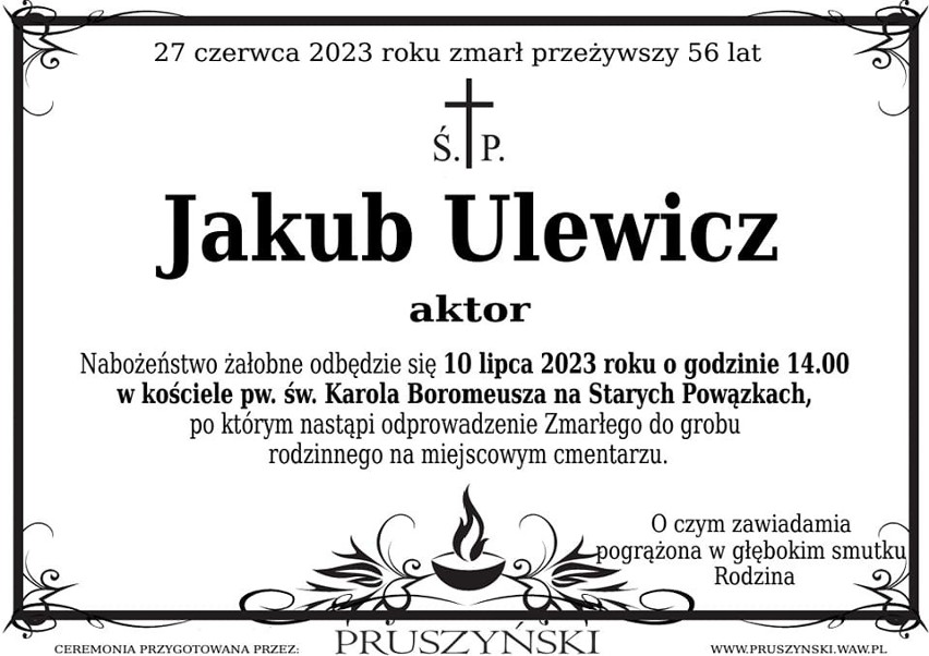 Jakub Ulewicz będzie pochowany w Warszawie. Znana jest data pogrzebu aktora