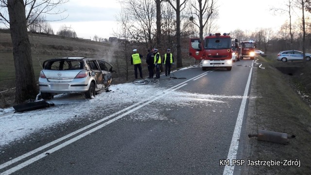 Jastrzębie-Zdrój: Uderzył oplem w drzewo, auto stanęło w płomieniach. 40-latek zginął