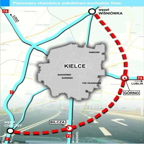 Planowana nowa obwodnica Kielc ma się rozpoczynać przy trasie numer siedem, zapewne gdzieś w okolicach Chęcin, następnie biec w kierunku wschodnim, gdzie połączy się z drogą numer 73 prowadzącą do Tarnowa. Stamtąd odbijać będzie na północ, gdzie zetknie się z drogą 74, czyli "wylotówką&#8221; z Kielc na Lublin. Następnie nowa trasa ma zostać doprowadzona w okolice Wiśniówki, czyli do krajowej "siódemki&#8221;.
