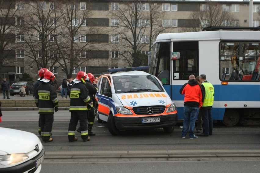 Wrocław, zderzenie tramwaju i karetki pogotowia na ul....