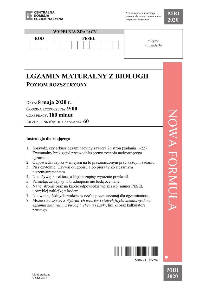 Biologia matura 2020 - arkusz zadań