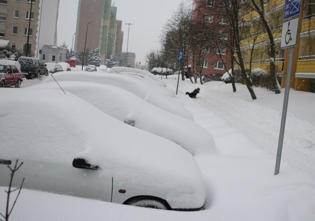 Zaśnieżona ulica Bora Komorowskiego. 