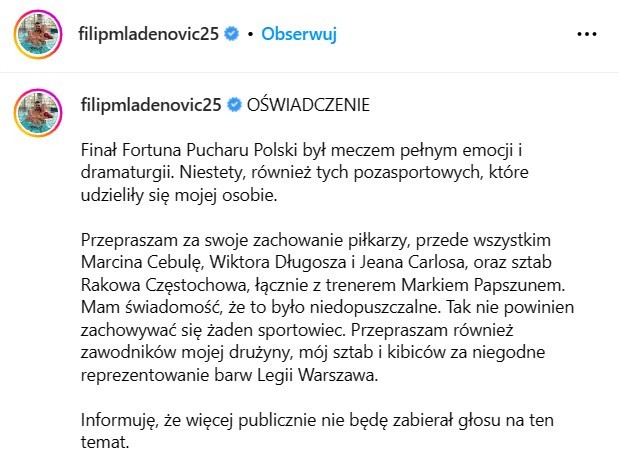 Filip Mladenović wydał oświadczenie po spoliczkowaniu trzech piłkarzy Rakowa Częstochowa. "Przepraszam"