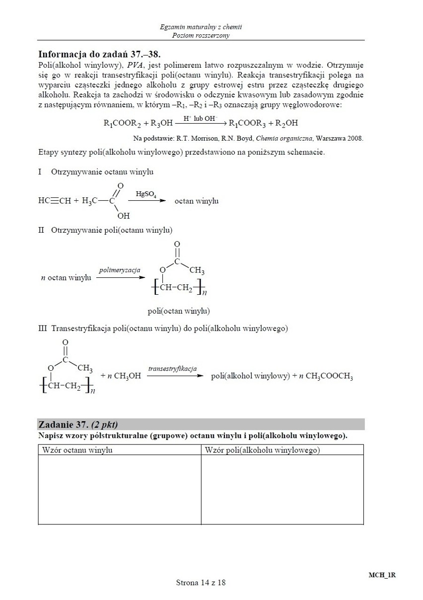 Matura 2015 chemia dla technikum - stara matura, poziom rozszerzony ARKUSZ CKE, ODPOWIEDZI