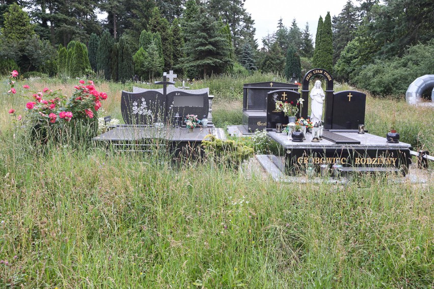 Gdzie szacunek dla zmarłych? Groby w wysokiej trawie i obok hałdy asfaltu