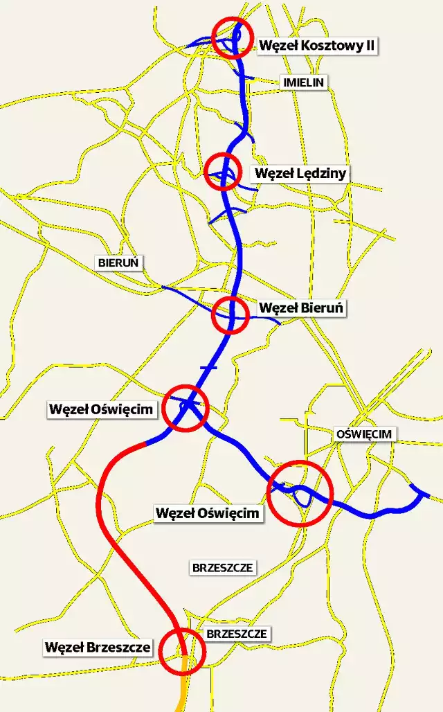 Na niebiesko i czerwono jest zaznaczona droga S1 z obwodnicą, która będzie budowana. Najbardziej sporny był czerwony fragment