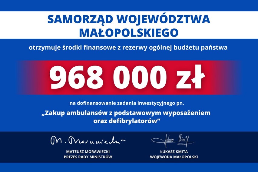 Prawie milion złotych na dwie nowe karetki dla regionu krakowskiego