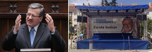 Bronisław Komorowski. Z prawej scena przed koszalińskim ratuszem, na której wystąpi dziś kandydat PO na prezydenta kraju.