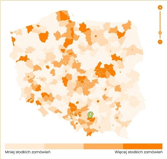 Małopolska. Serwis pyszne.pl na podstawie analizy zamówień stworzył mapę dla całej Polski oraz zestawienie 3 produktów dla każdego powiatu.