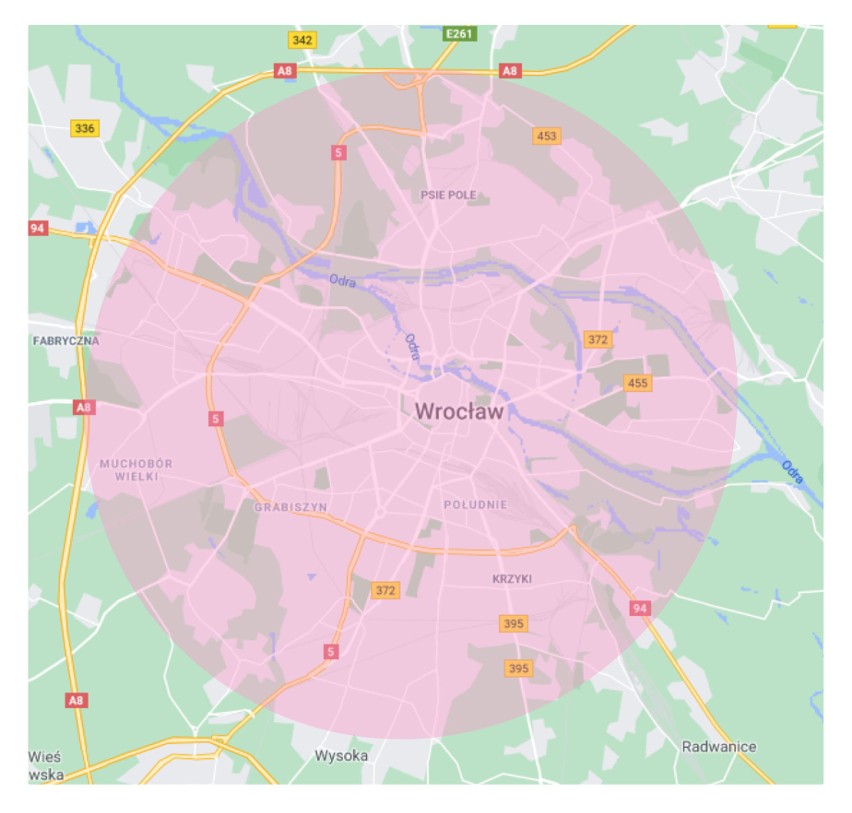 Mapa zasięgu testowanej usługi MobilGO we Wrocławiu