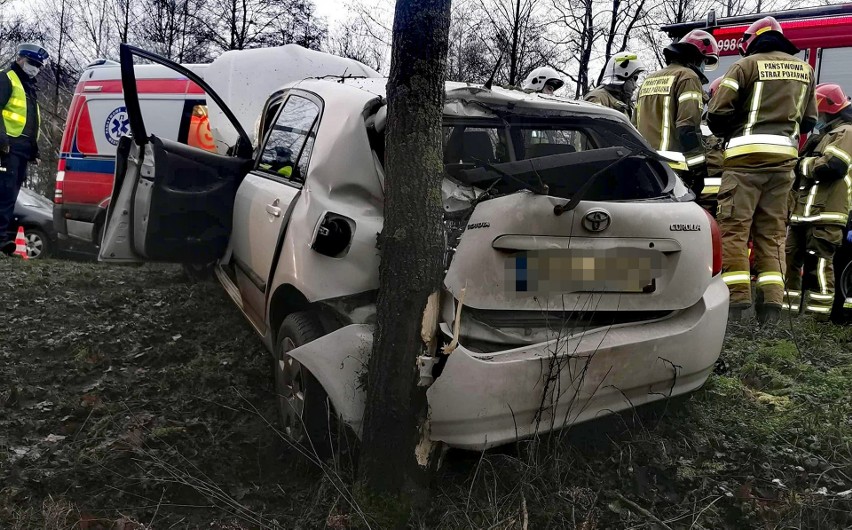 Wypadek w Lucynowie, auto rozbiło się na drzewie. 8.01.2021. Zdjęcia