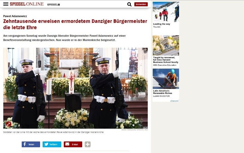 Spiegel podkreśla miłość gdańszczan do zamordowanego...