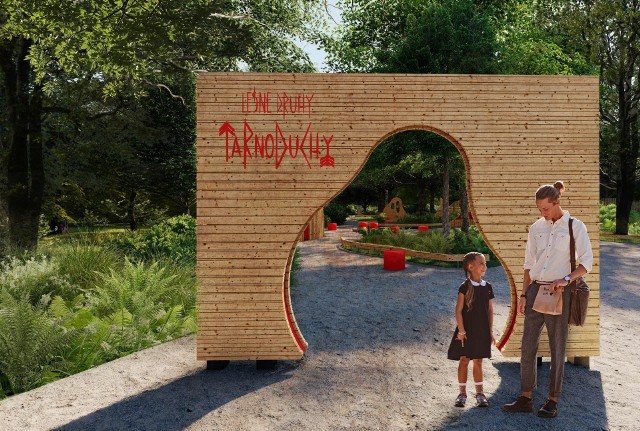 Wizualizacja placu zabaw "Leśne druhy - Tarnoduchy" w Parku Tarnogajskim we Wrocławiu.