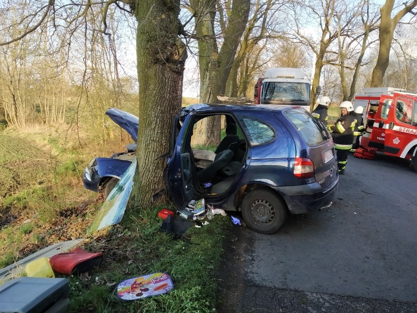 Wypadek w Trzemżalu. Samochód uderzył w drzewo. Poszkodowane...