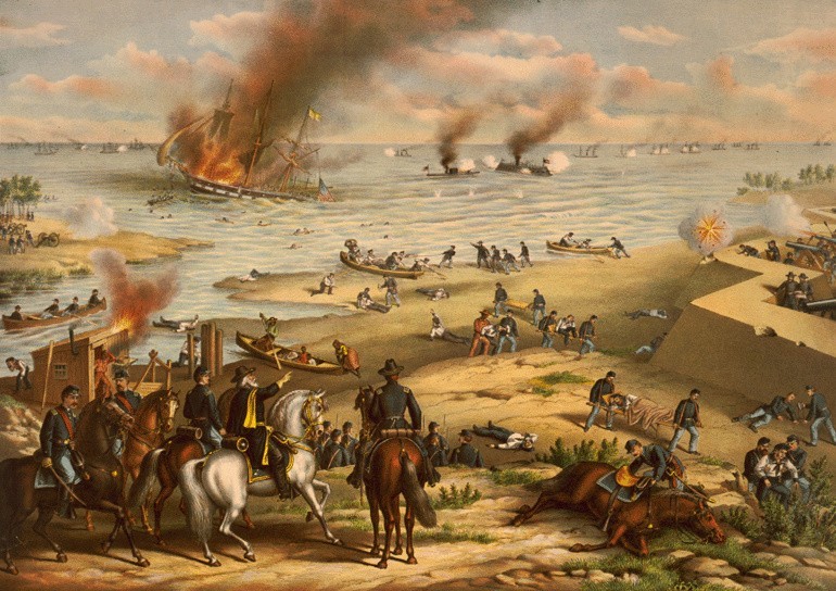 Artystyczna wizja bitwy w zatoce Hampton Roads.
