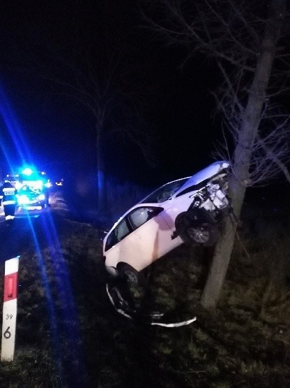 Wypadek na krajowej 73 w miejscowości Celiny. Samochód uderzył w przepust, a potem w drzewo