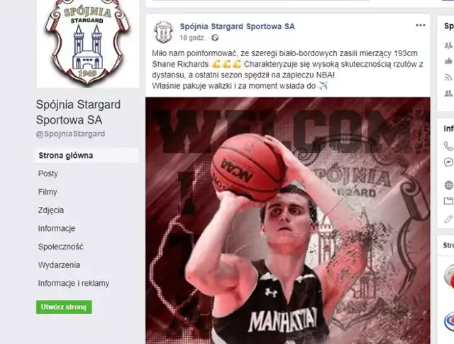 O nowym transferze Spójnia Stargard poinformowała na swoim profilu fejsbukowym