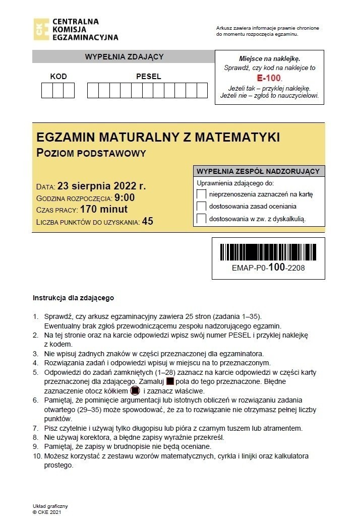 Matura poprawkowa z matematyki 2022